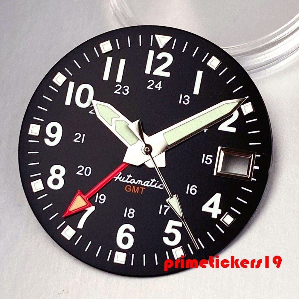 29mm Automatic GMT Pilot Watch Dial+Hands Date Green Lume Wristwatch Mod Parts