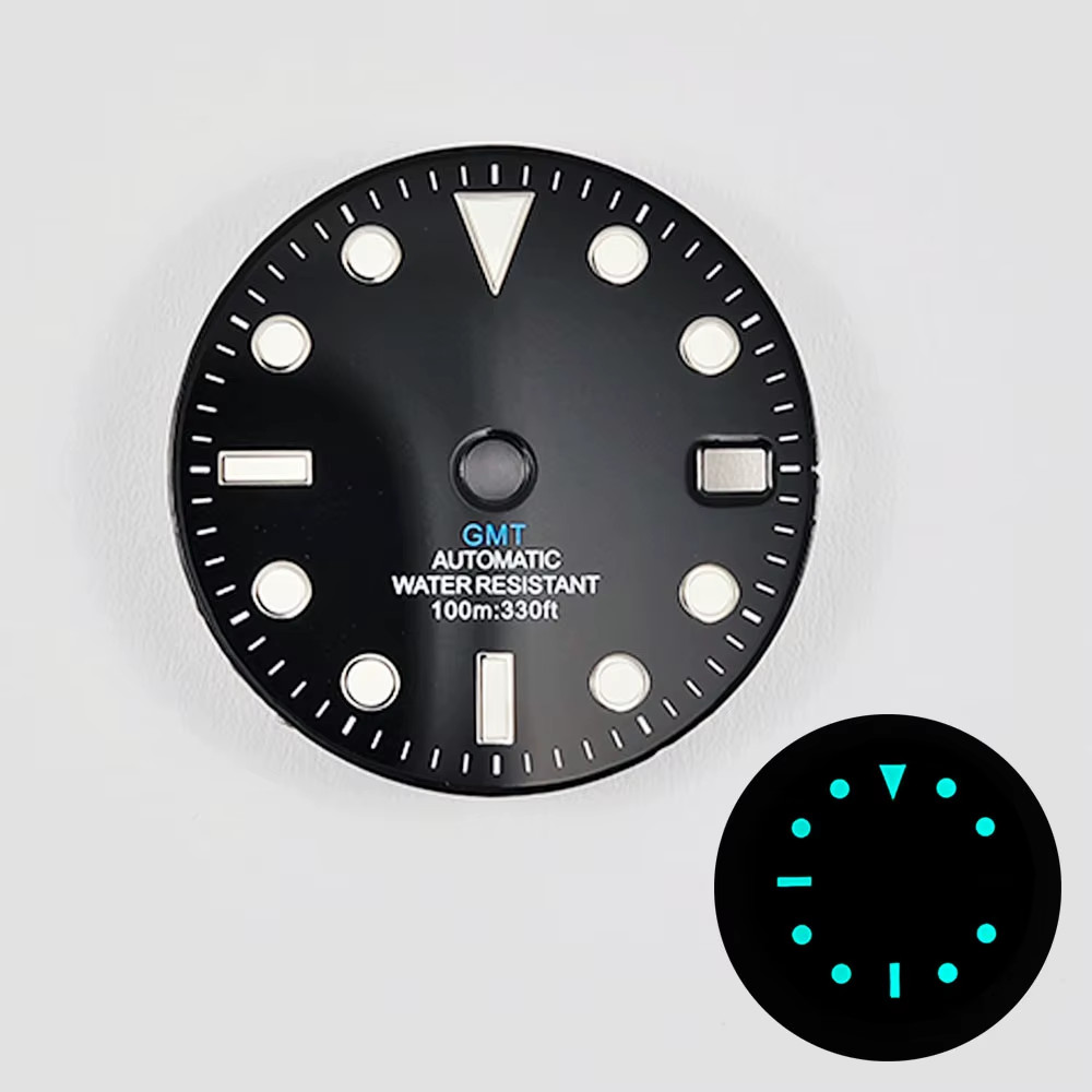 GMT 28.5Mm NO Logo Gloss Watch Dial White Black Mark Blue Green Luminous Fit NH3