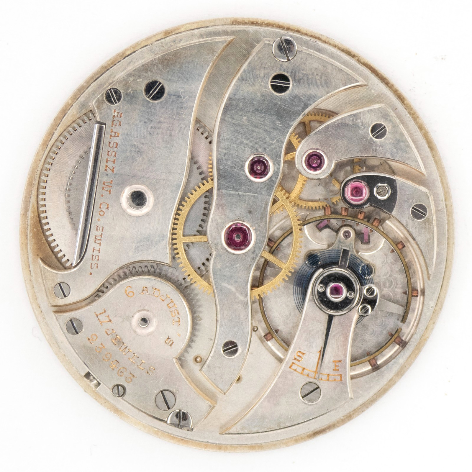 Agassiz 38.7 x 5.5 mm 17-Jewel Antique Pocket Watch Movement, Runs