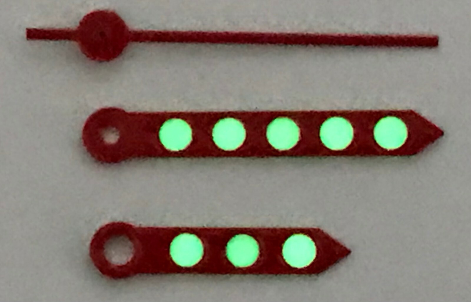 Watch Dial Hour Minute Seconds Hands RED / GREEN LUMINOUS 120/70/20 NEW parts
