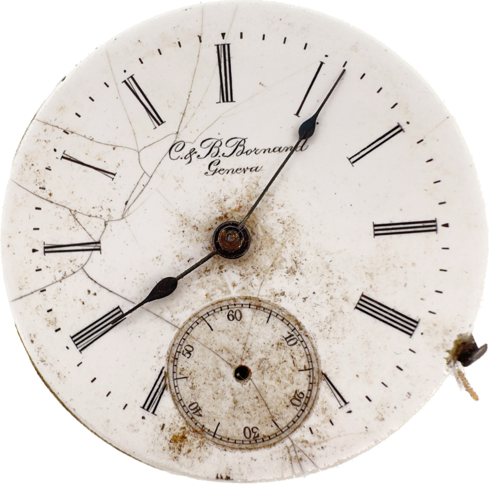 Antique 36mm C&B Bornand 15 Jewel Mechanical Pocket Watch Movement for Parts