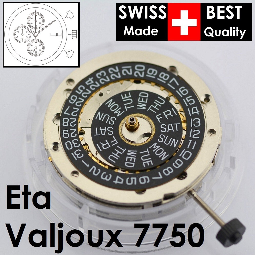 Swiss ETA VALJOUX 7750 25 Jewels Automatic Movement. Black, English Day Date