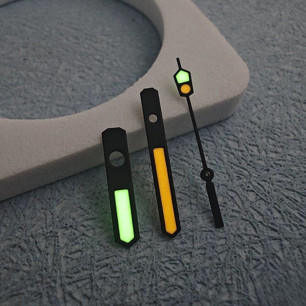 18mm Black Watch Hands Orange Green Lume Fit Auto Mod Replacement