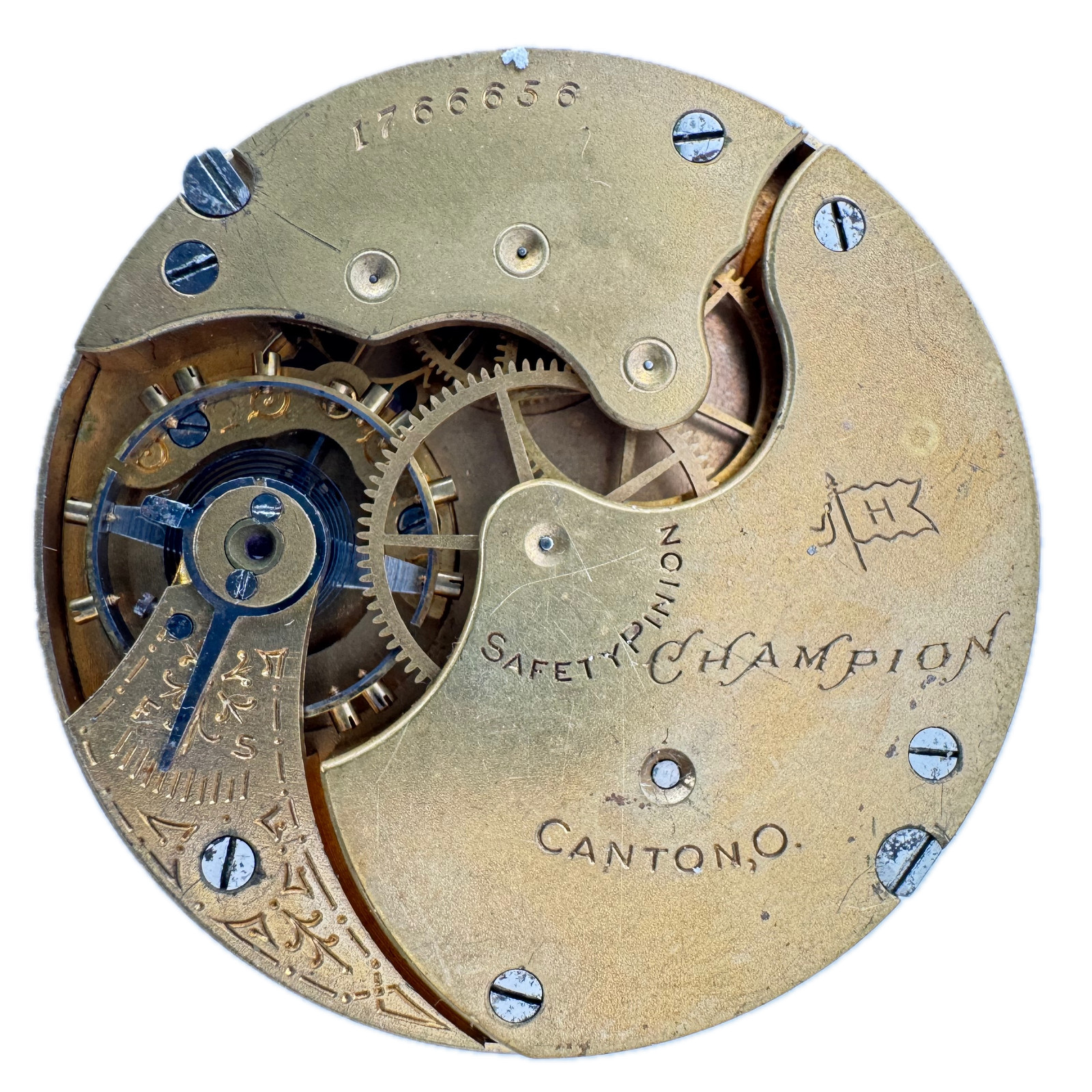 Antique 16s Hampden Roman Dial Hunter Pocket Watch Movement Champion H in flag