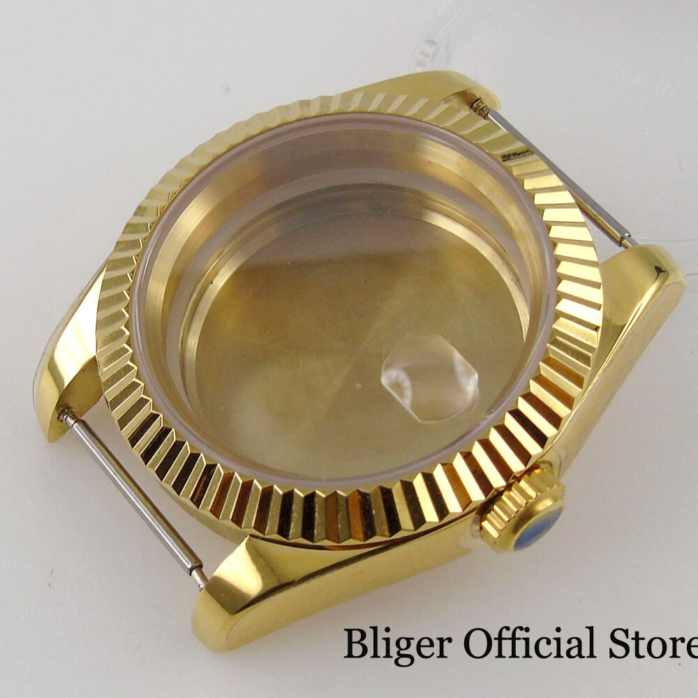 39mm Watch Case fit NH35A ETA MIYOTA Yellow Gold Coated Polish/Fluted Bezel