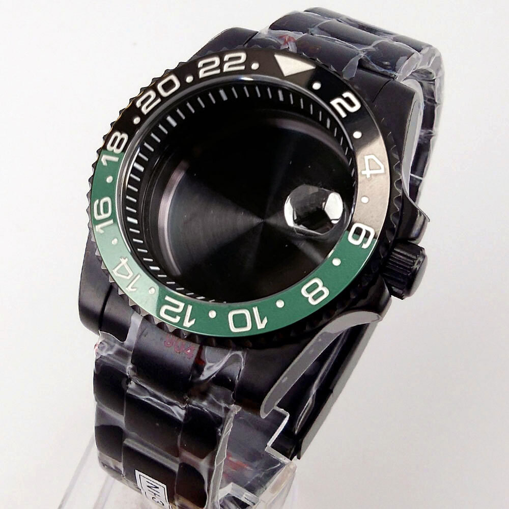 40mm Black PVD Sapphire Glass Watch Case Fit NH35A NH36A ETA2824 PT5000 Rubber