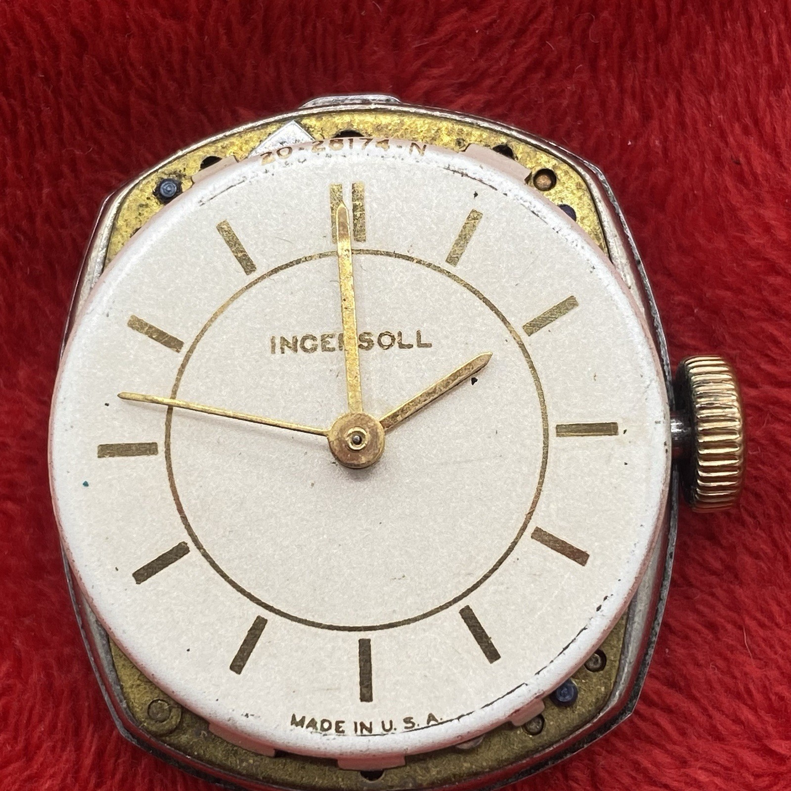 Antique Ingersoll watch movement w dial and hands for parts or repair Made USA