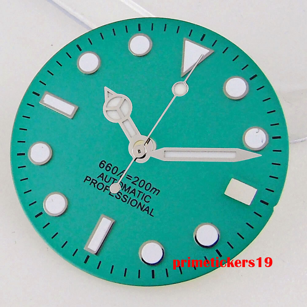 28.5mm Black/White/Green Sterile Watch Dial Face Hands Date Window Fit NH35 Movt