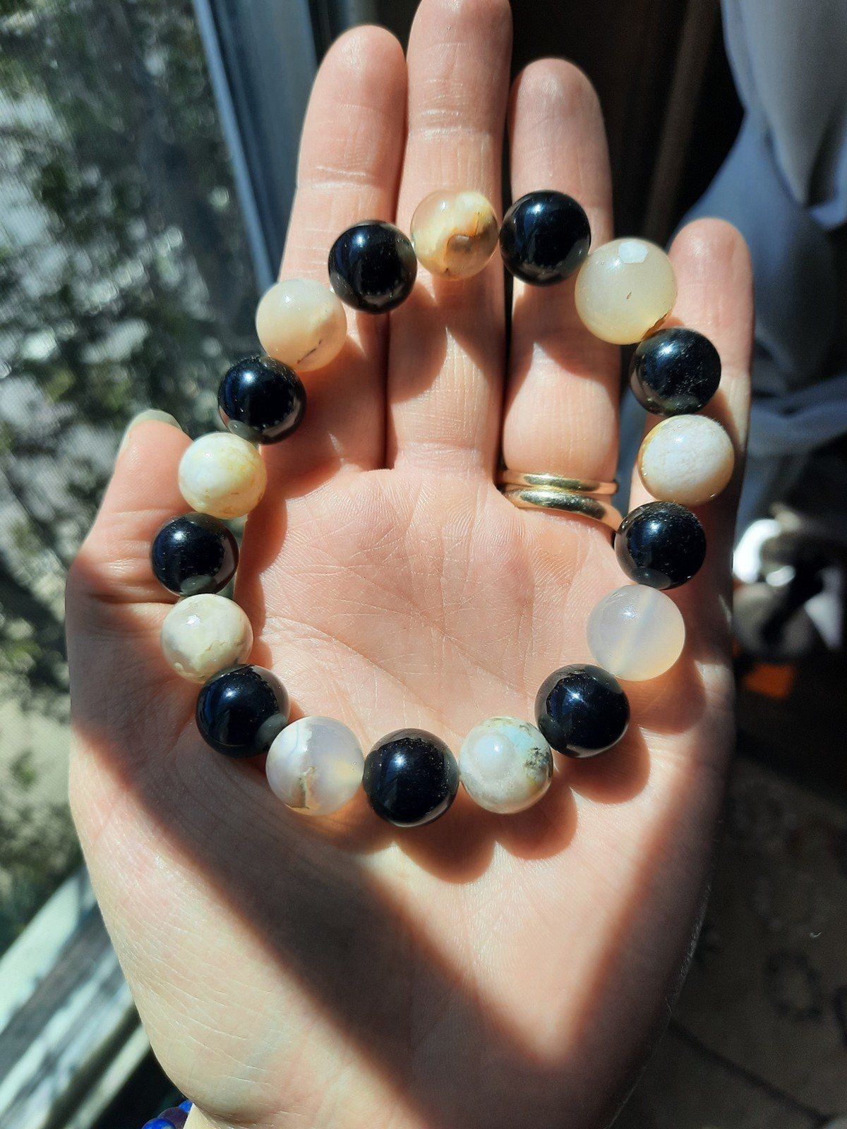 Flower Agate x black obsidian Crystal beaded Bracelet 10MM SIZE LG