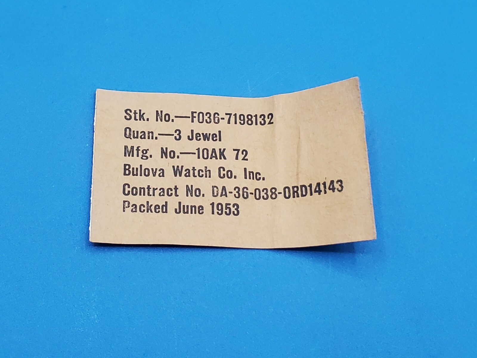 1953 Bulova Watch Co. Pack of 18 Jewels 10AK 72 New Old Stock