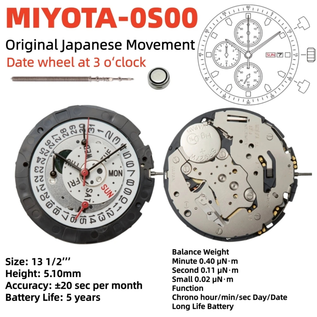 Genuine Miyota 0S00 Chronograph Quartz Watch Movement Day/Date 3 Ligne 13 1/2