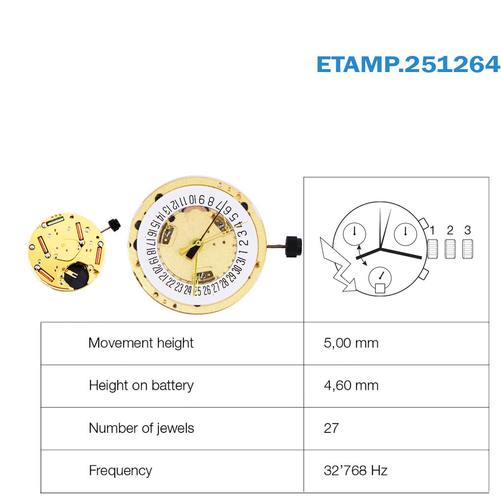 ETA 251.264 Swiss Movement, CHRONO 13 1/4, HEIGHT 5.00, HAND-FIT (1), Date On 6.