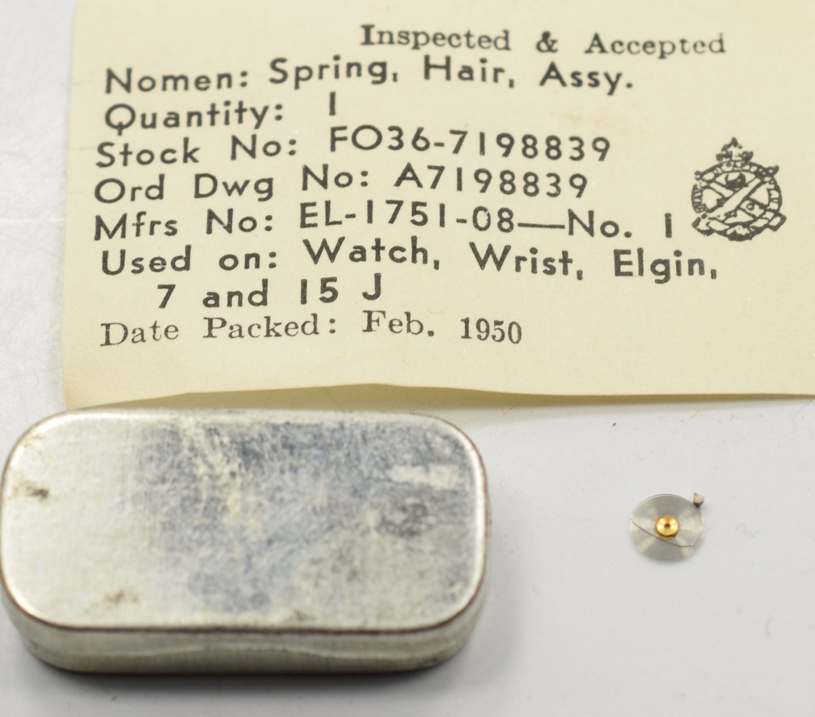 Elgin 8/0-size Elginium Military Surplus Hairspring – Sealed Package