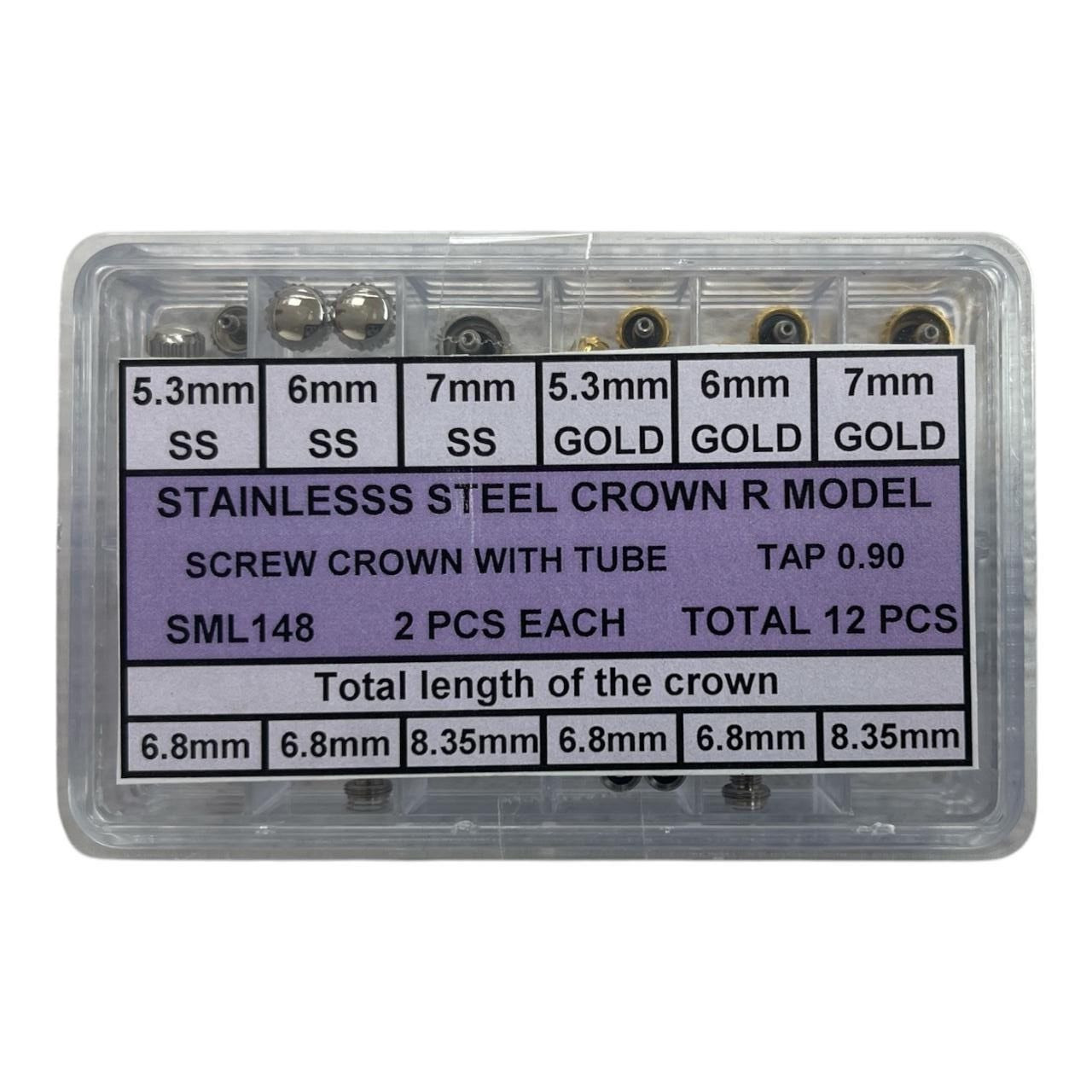 5.3mm-7mm Waterproof Screw Crown Assortment for R Models, 12 Pcs