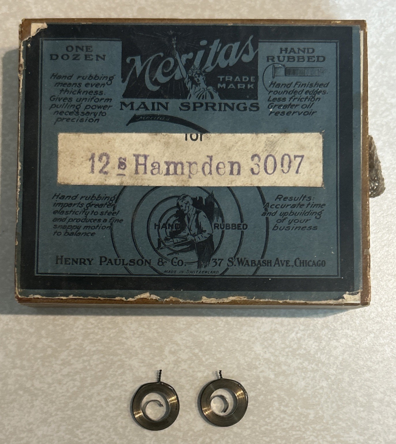 Vintage Meritas Watch Main Springs For 12s Hampden 3007, Lot Of 2 NOS W/ Box