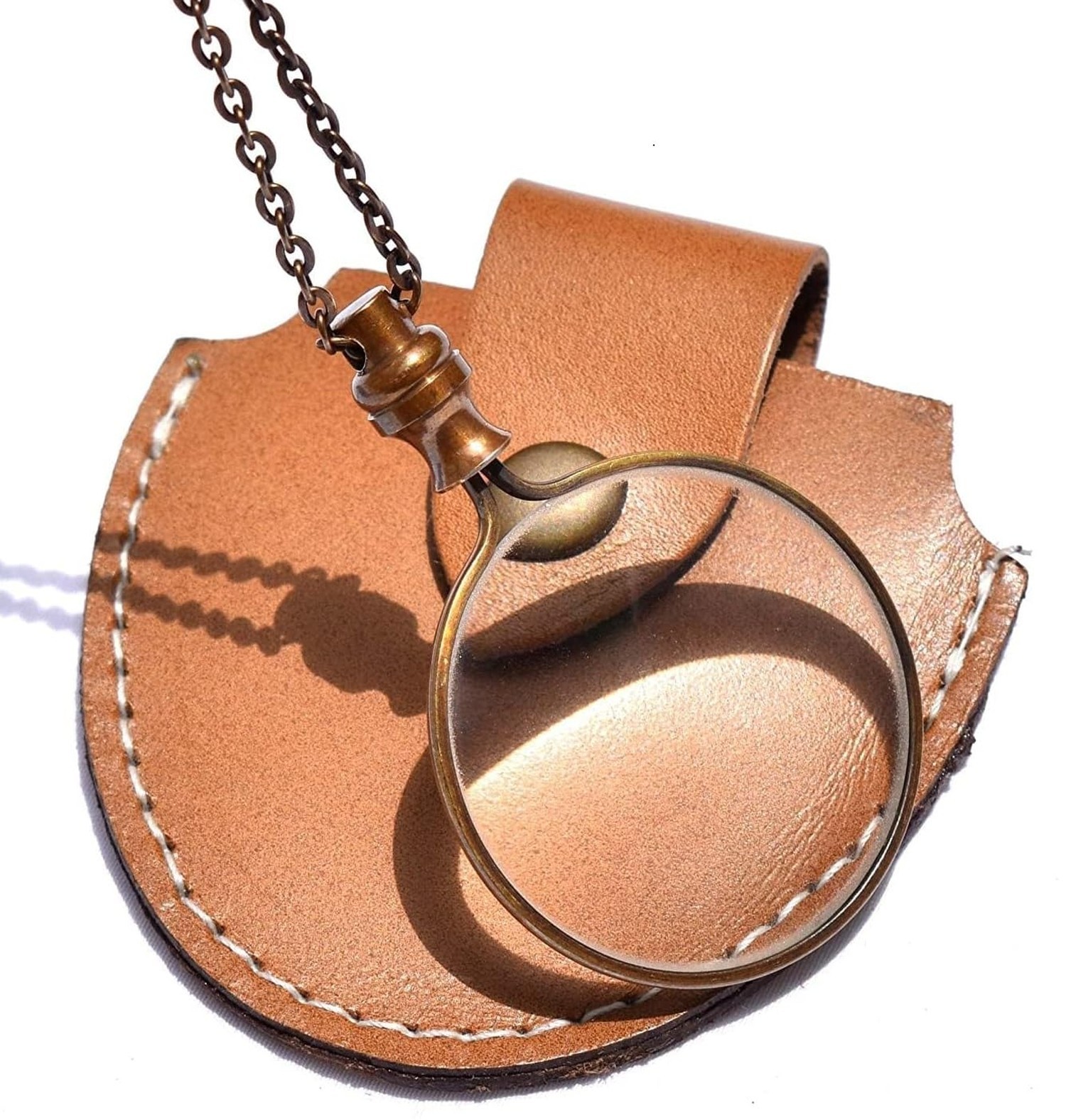Antique Brass Chain Necklace with 40mm Diameter Glass Magnification Lens Pend…