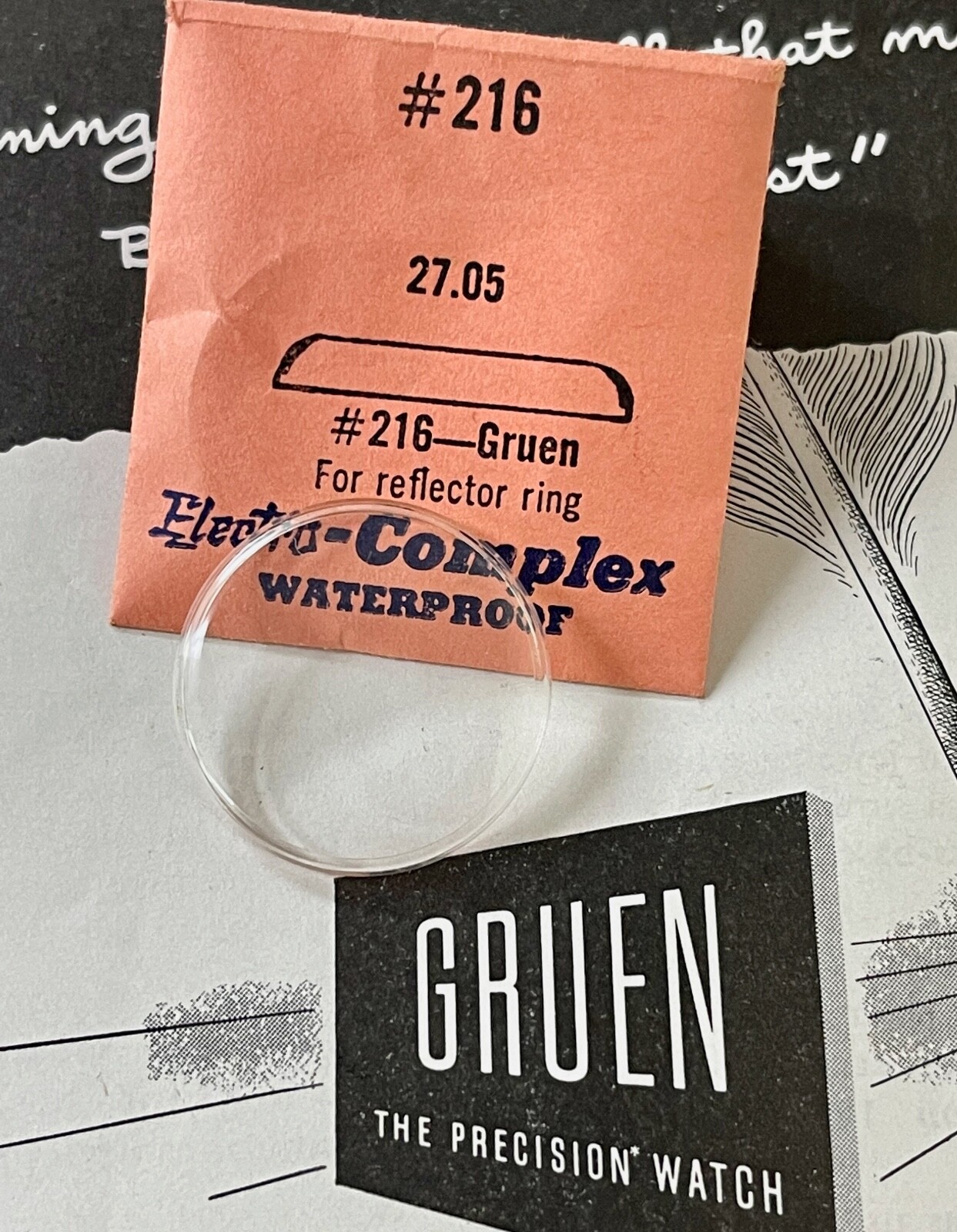 Vintage Gruen waterproof acrylic watch crystal 27.05mm Electro-Complex part 216