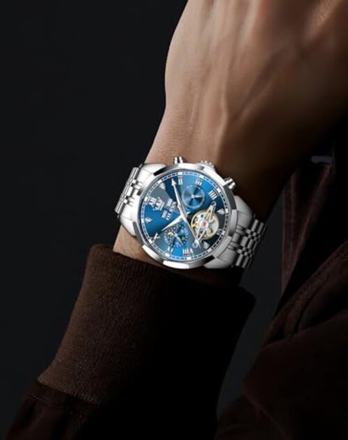 Men Automatic Watch Diamond Skeleton Mechanical G6620: Silver band & Blue dial