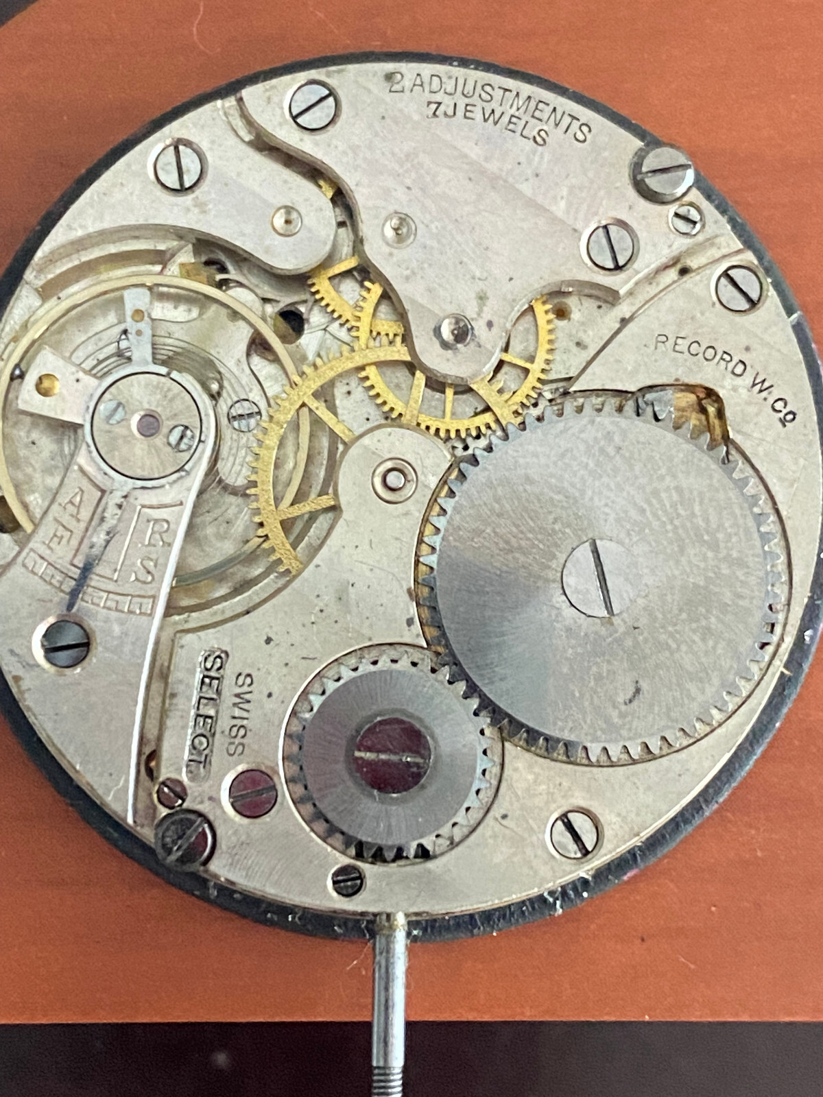 VINTAGE 39.70MM RECORD POCKET WATCH MOVEMENT, SELECT SWISS, HAS STEM AND CROWN