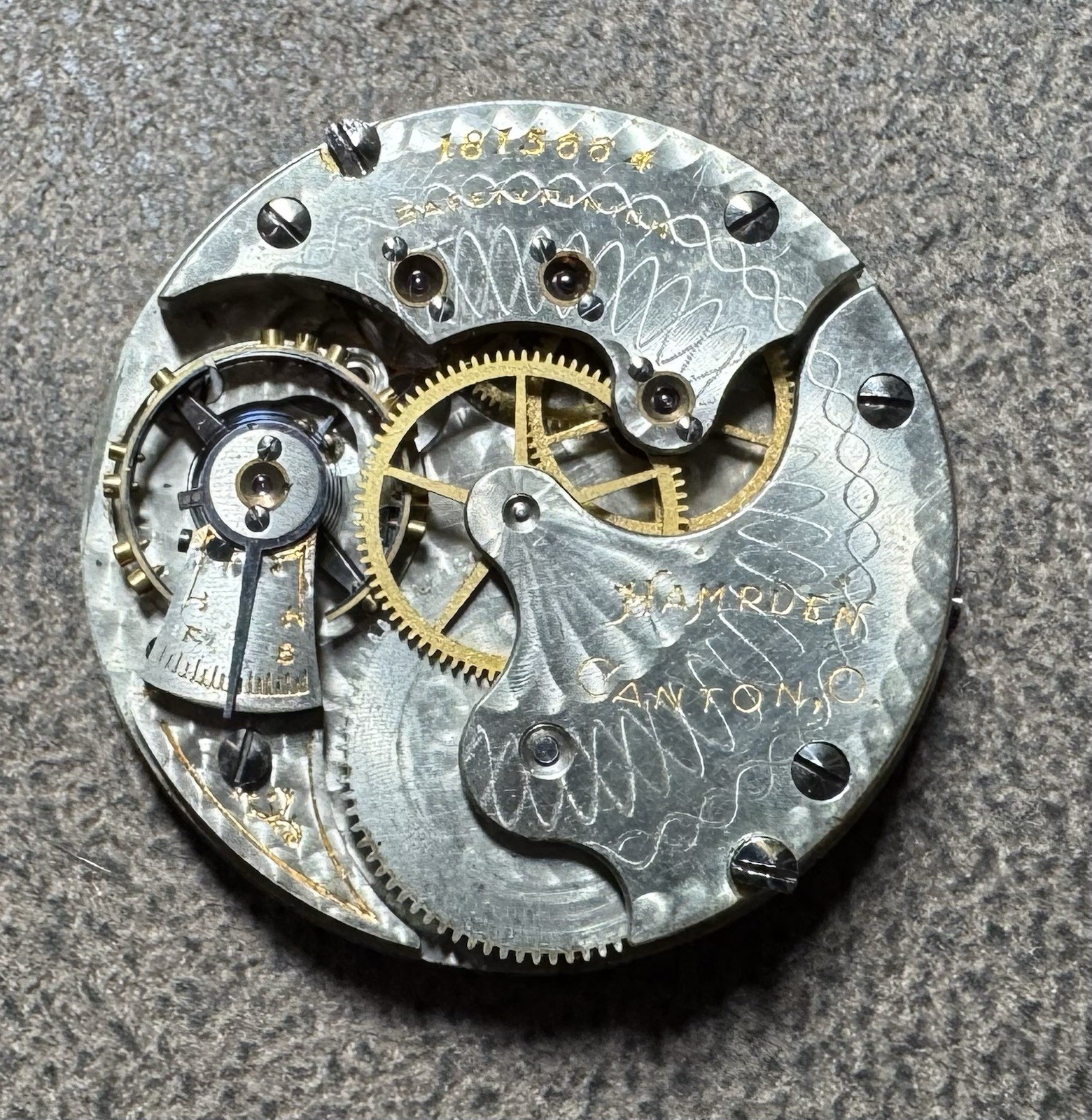 1903 HAMPDEN 6S 15J GRADE No. 213 PW LS WATCH MOVEMENT & DIAL