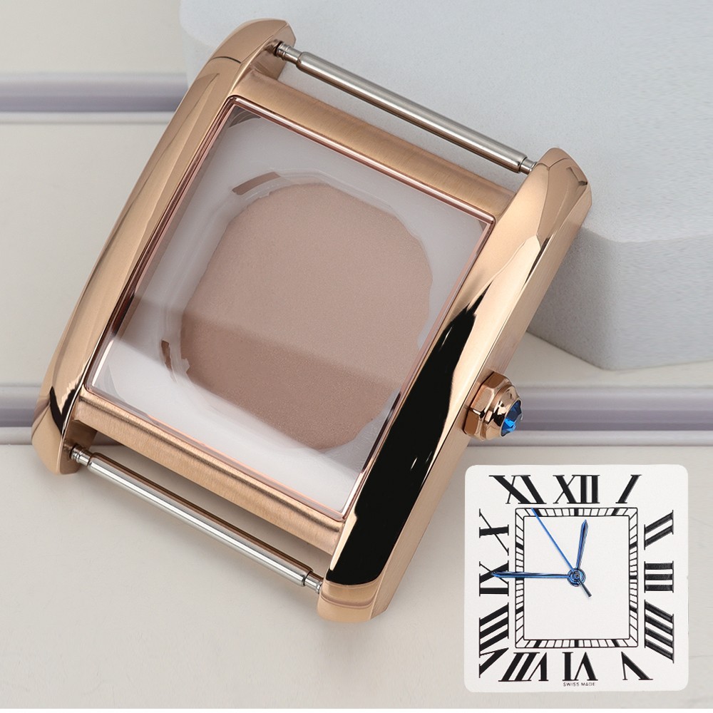 34.6mm Steel Rose Gold Watch Case+Dial+Hands Modify Tank For Miyota2115 Movement