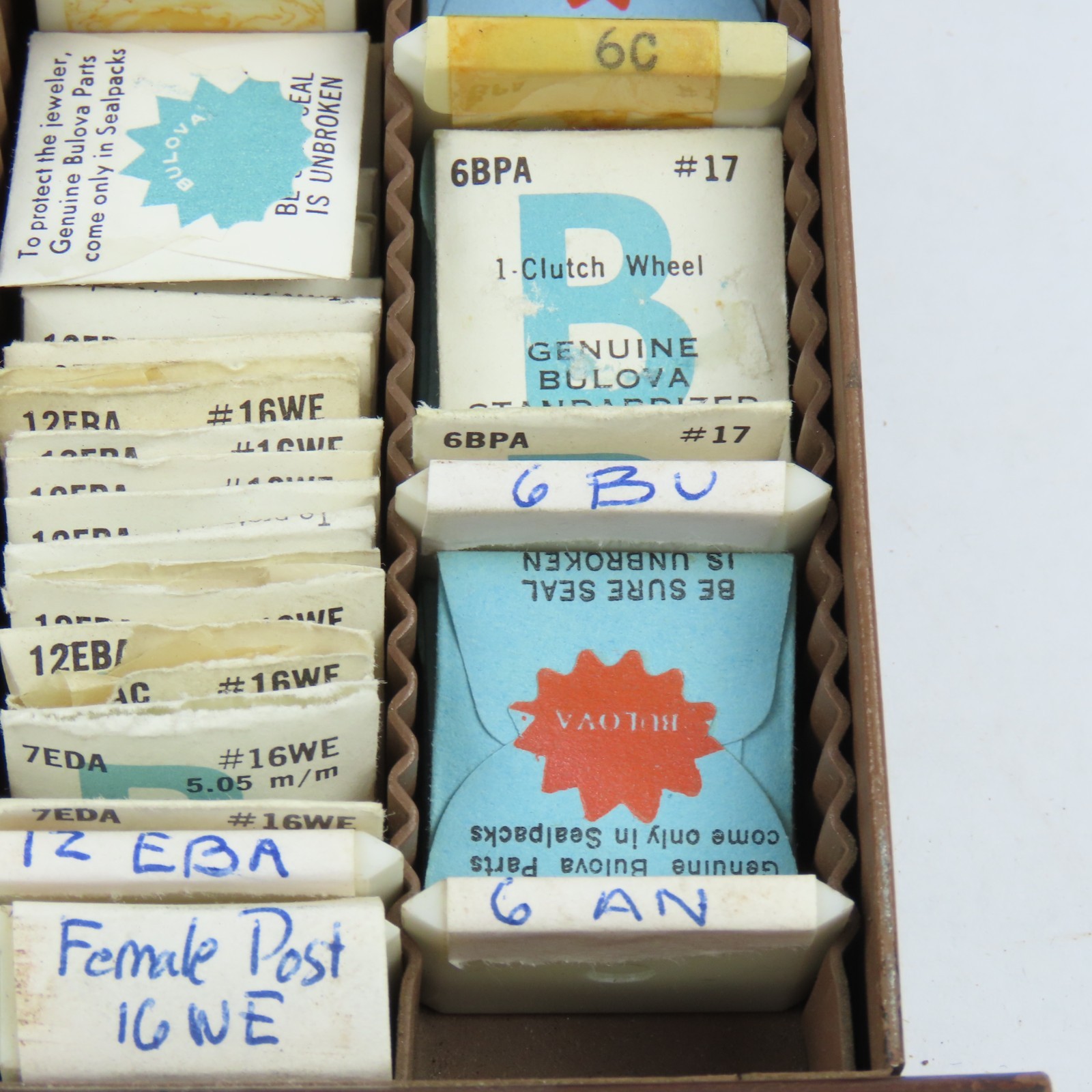 Genuine Factory Bulova Wristwatch Parts Drawer | Stems | Clutch Wheel