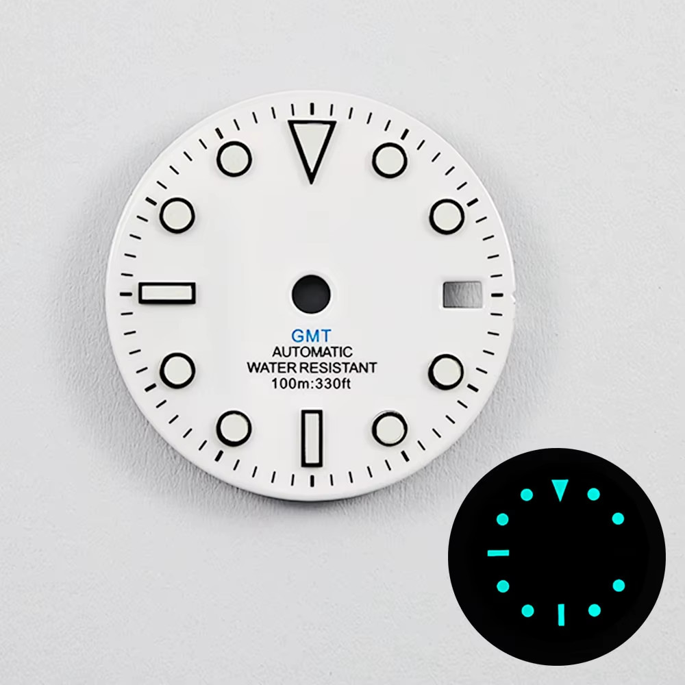 GMT 28.5Mm NO Logo Gloss Watch Dial White Black Mark Blue Green Luminous Fit NH3