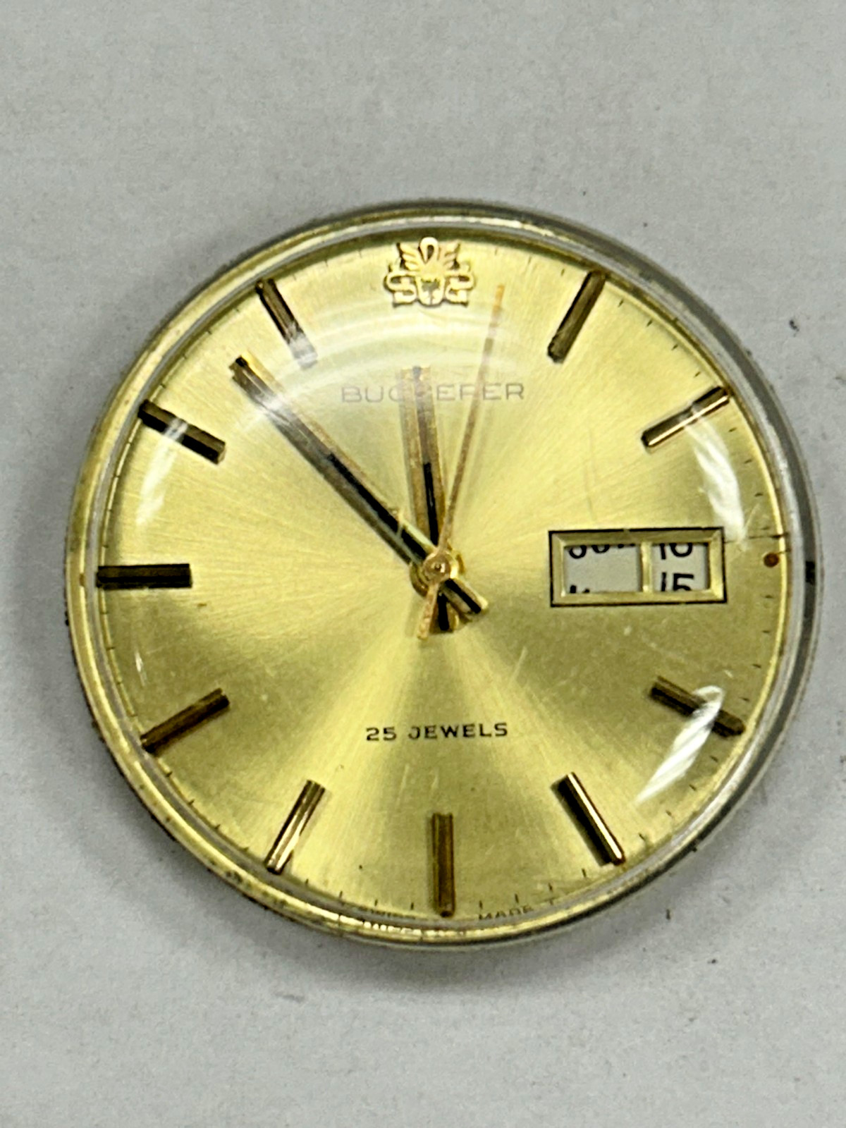 Vintage Working Bucherer 25 Jewel Watch movement W crystal Day Date