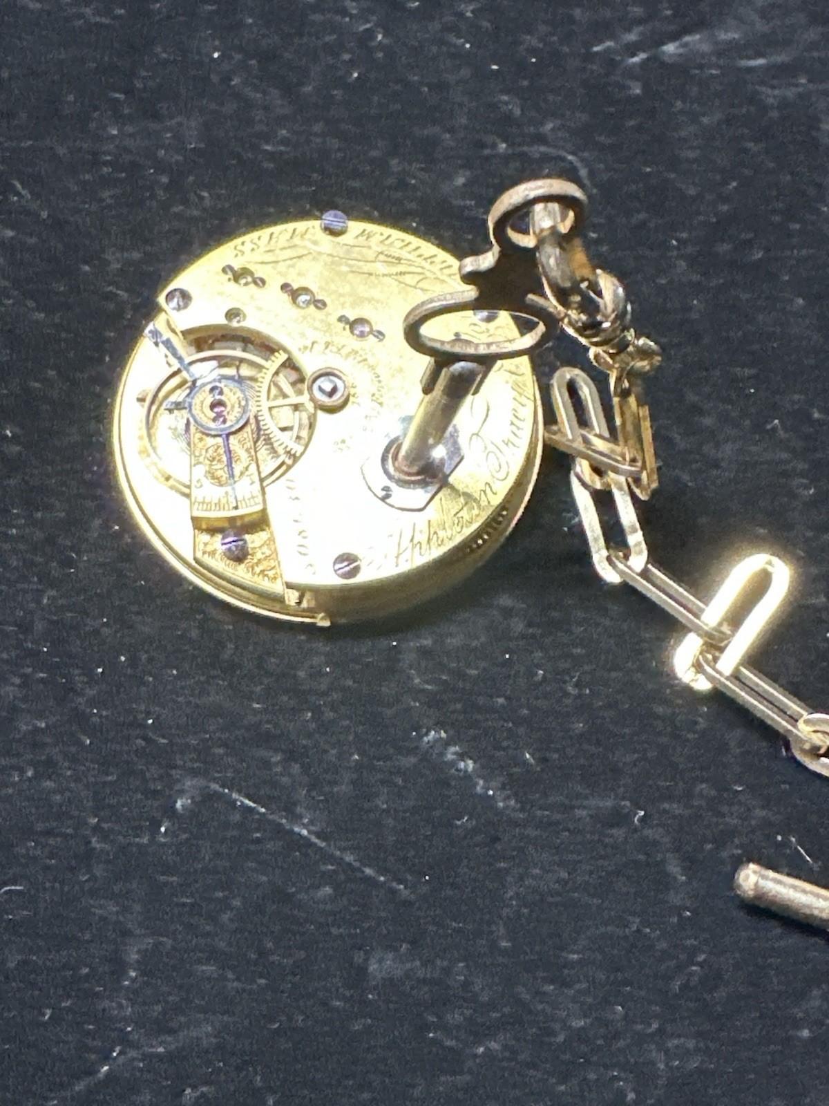 Vintage Working American Waltham Pocket Watch Movement W/winding Key /GF Chain