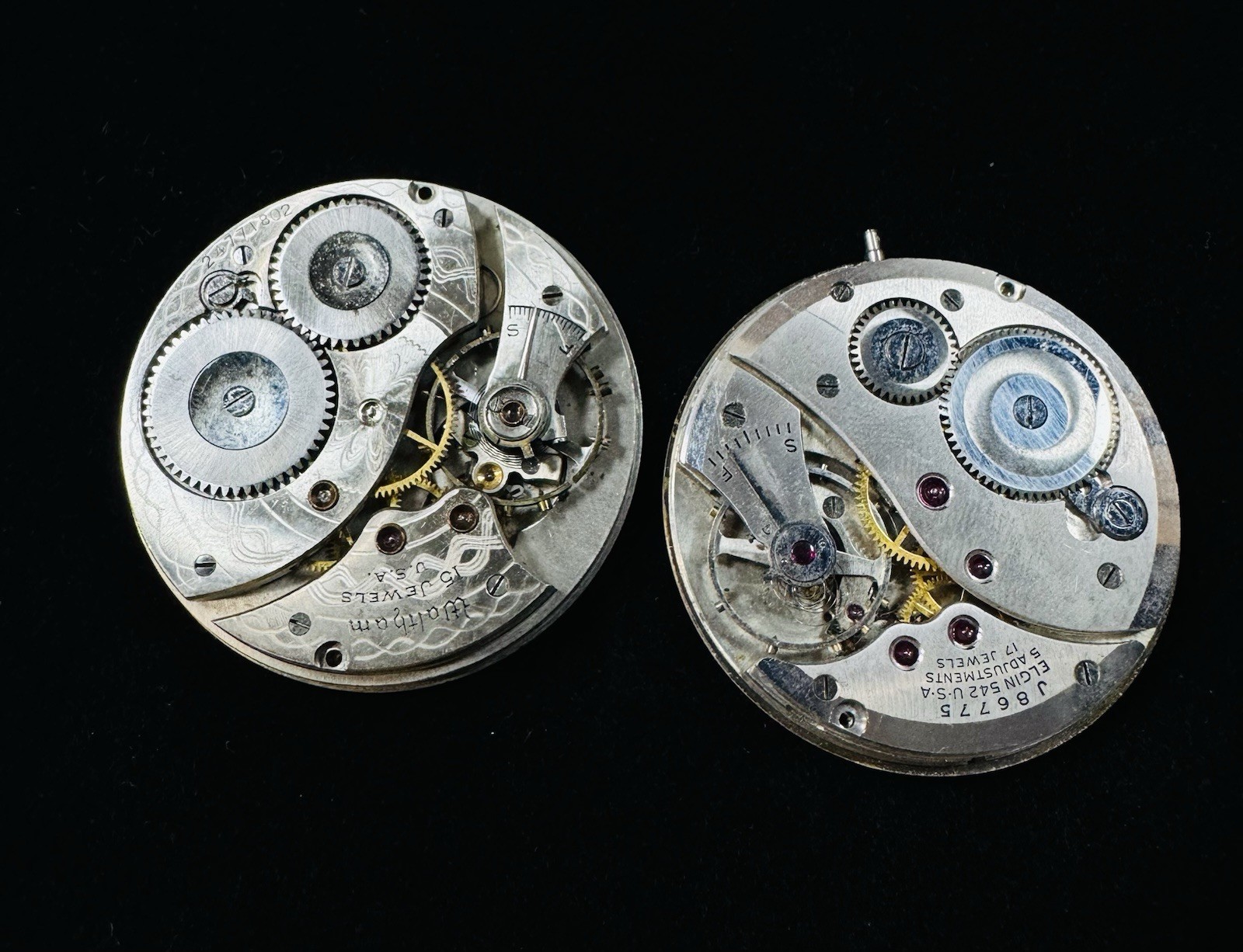 Lot of 2 Vintage Pocket Watch Movements – Waltham 15J & Elgin Deluxe 17J – Parts
