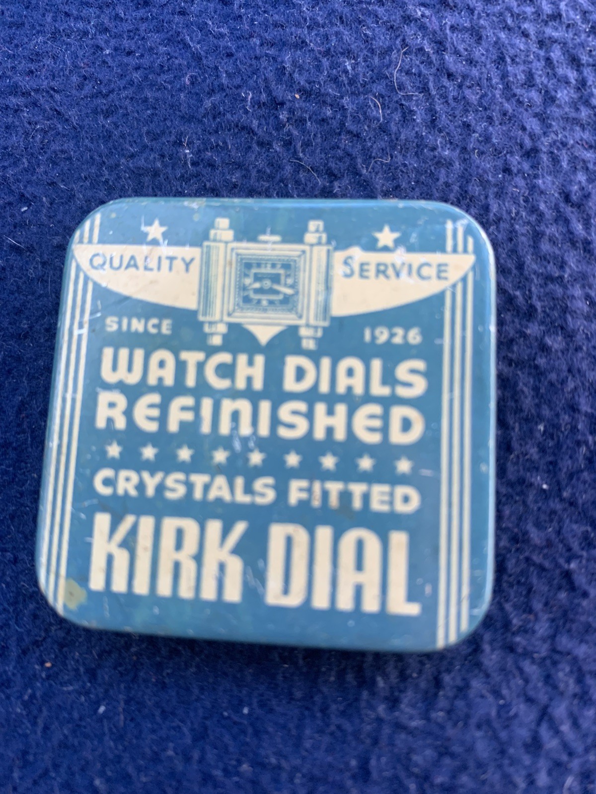 Vintage 1950s Kirk Dials watch tin with tiny watch parts (1.5 inch Tin)