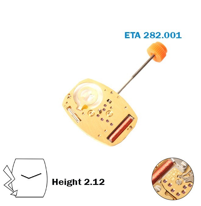 ETA 282.001- Swiss Watch Movement-2 Hands-With Stem-Without Disk-Height: 2.12mm.