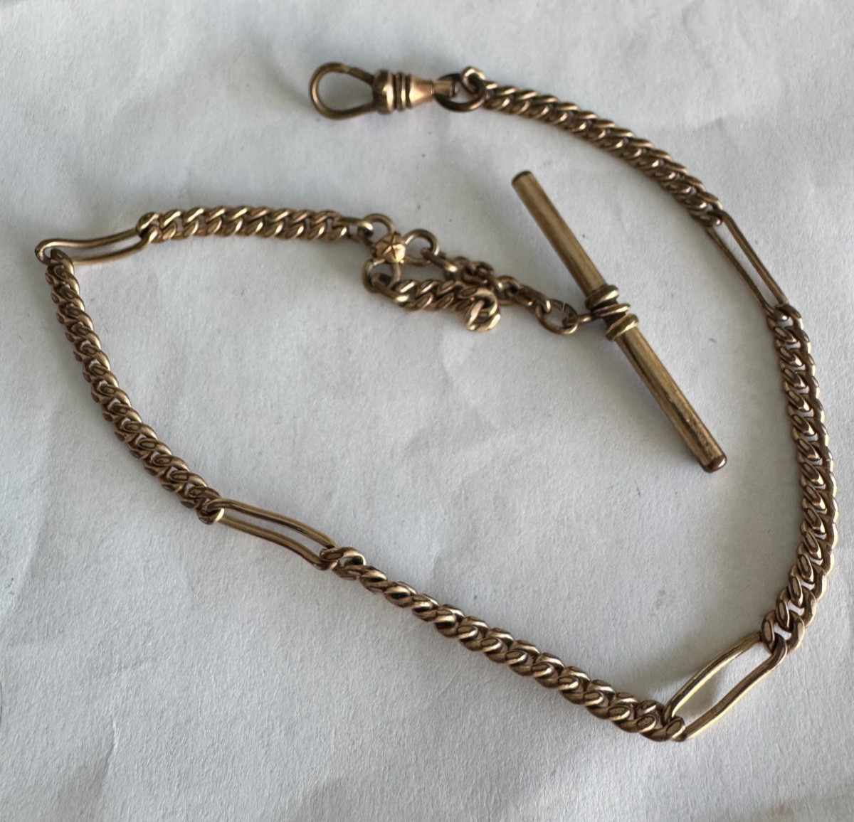 VINTAGE 11 INCH POCKET WATCH CHAIN T-BAR YELLOW GOLD FILLED VERY WORN