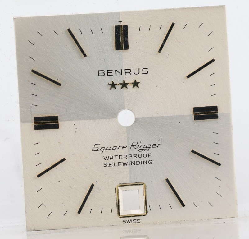 BENRUS SQUARE RIGGER WATERPROOF SELFWINDING SWISS 25j NOS WATCH DIAL 26x26mm(OC)