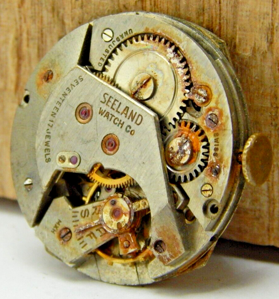 Vintage Seeland 17 jewel 6/0s men’s wrist watch movement w/ dial hands & crown