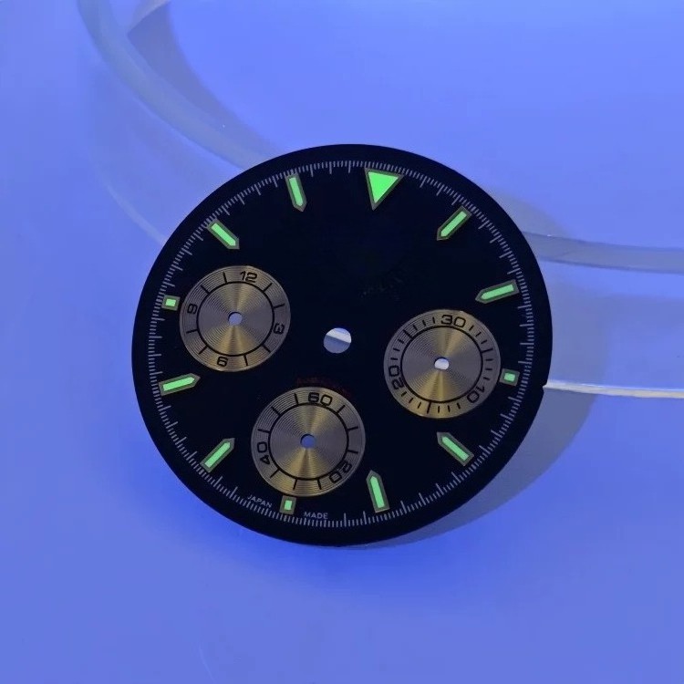 3-Eye Chronograph Dial Lume Gold Sub-Dials Fit Quartz Movement Mod