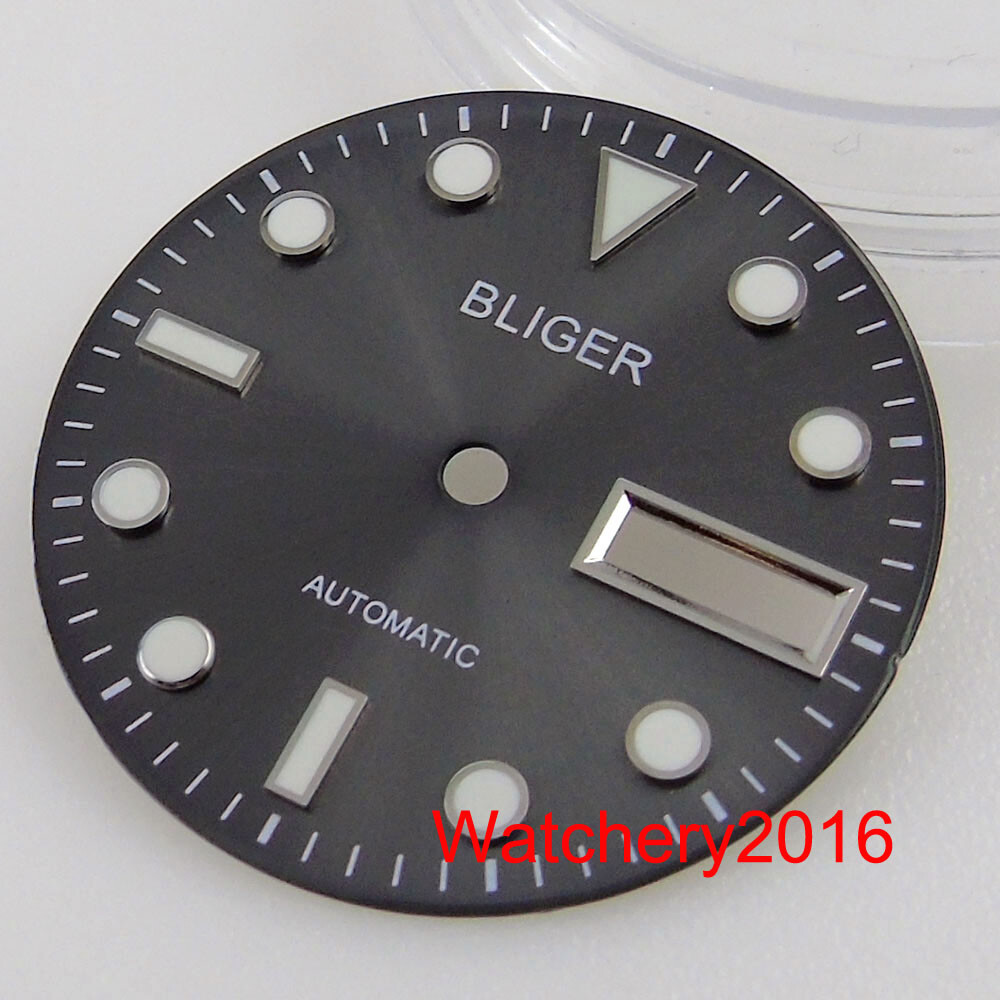 BLIGER 29mm Sunburst Watch Dial Green Luminous Double Date Window fit NH36 NH36A