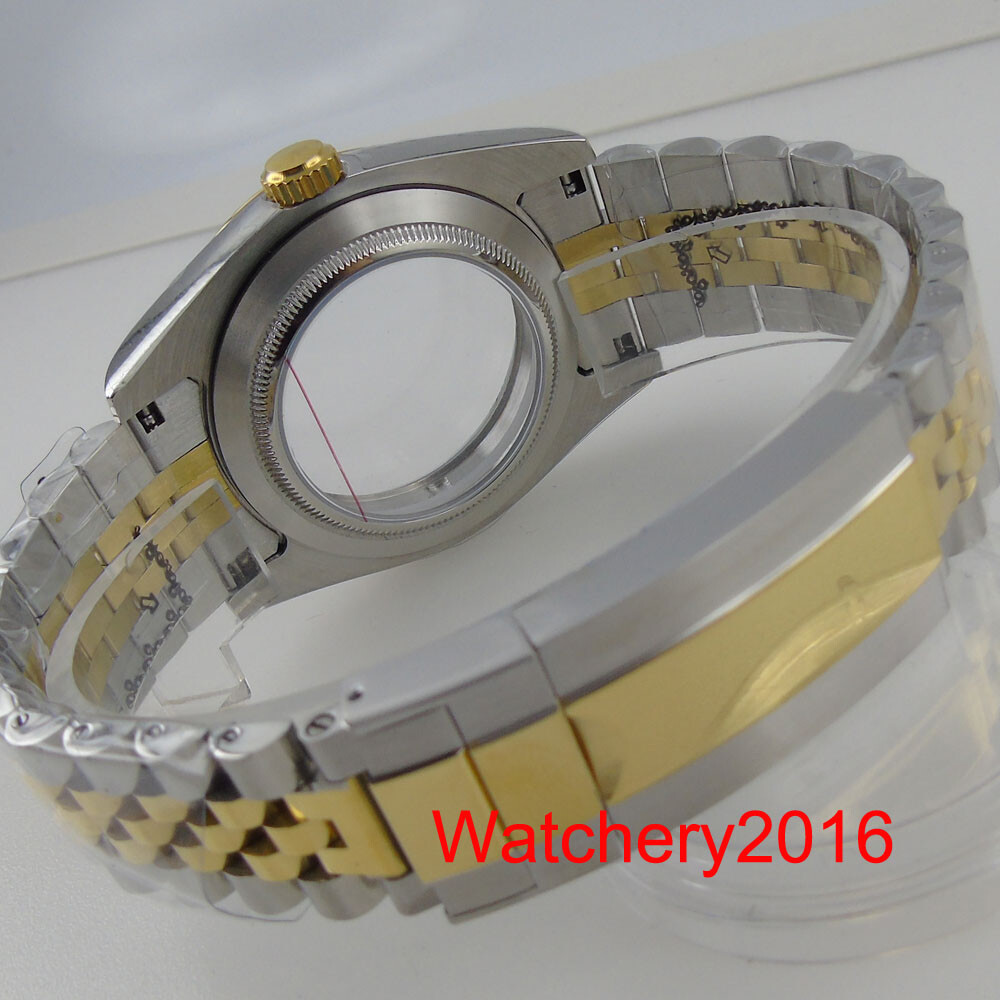 39mm Two Tone Gold Watch Case Fluted Bezel See-though Glass Back Fit NH35 miyota