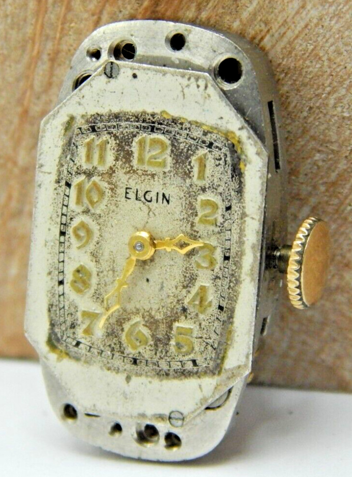 Vintage 1937 Elgin 529 7 jewel 21/0s art deco wrist watch movement with dial