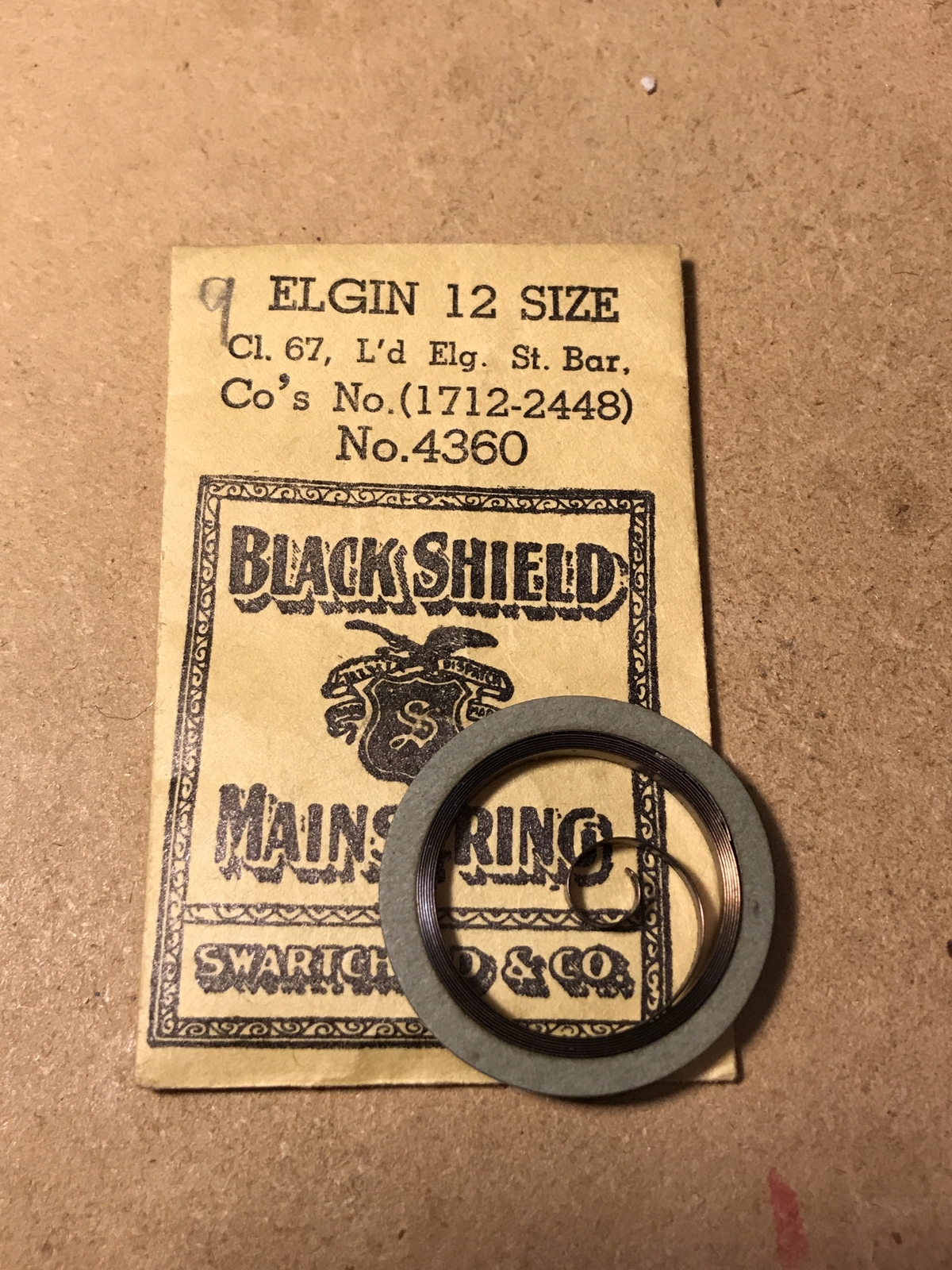 Swartchild Black Shield Mainspring #4360 for Elgin 12s No. 1712 – Steel
