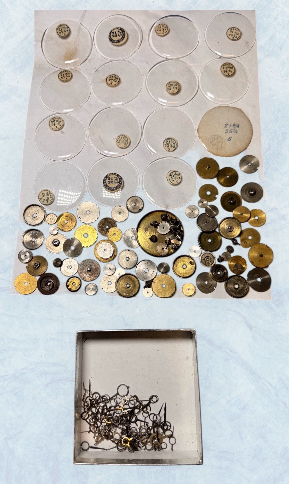 Large Lot Of Antique & NOS Pocket Watch Parts Crystals Brass Hands