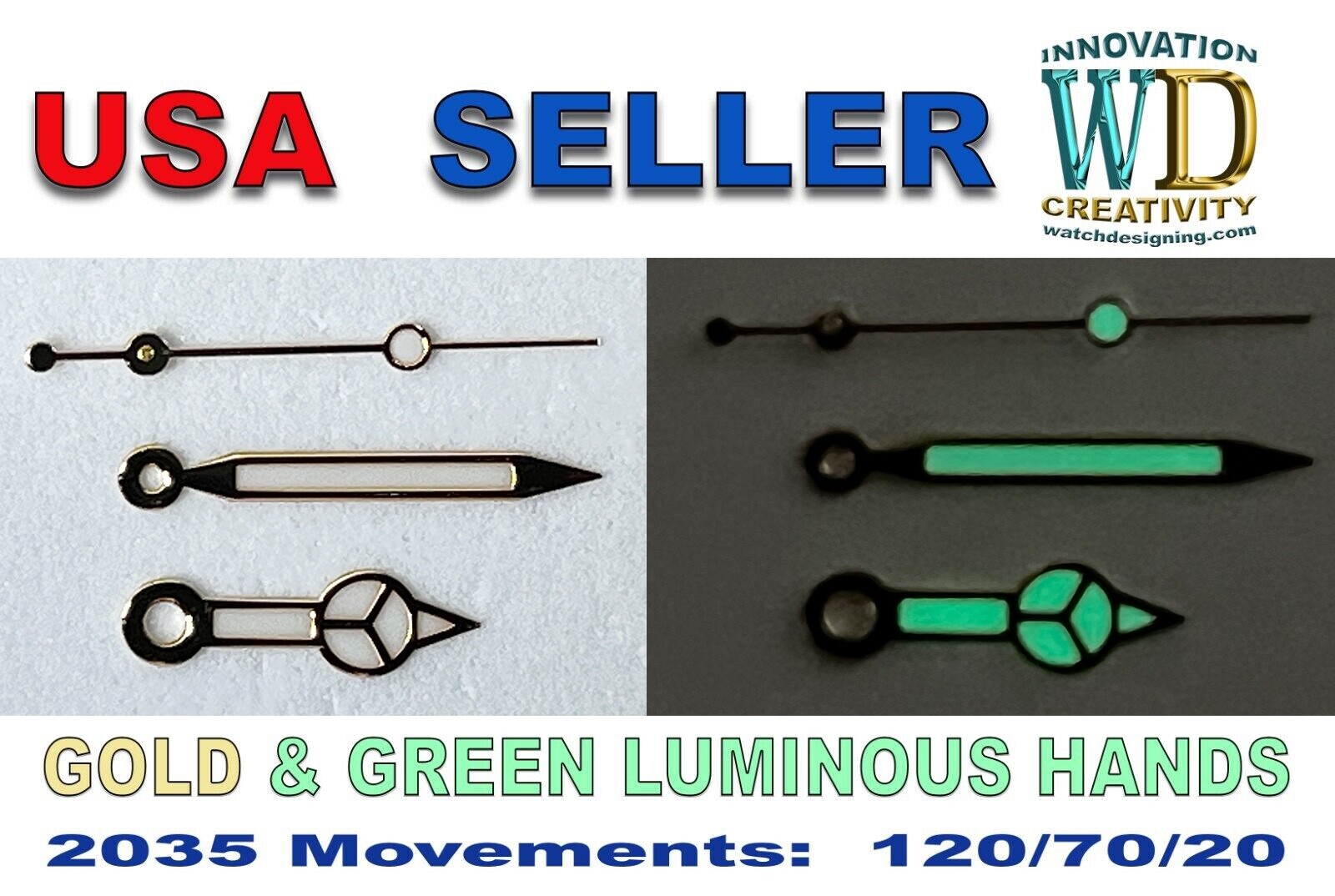 GOLD Smooth gloss & Luminous green Watch Hands 120/70/20 PARTS 2035 MVMT