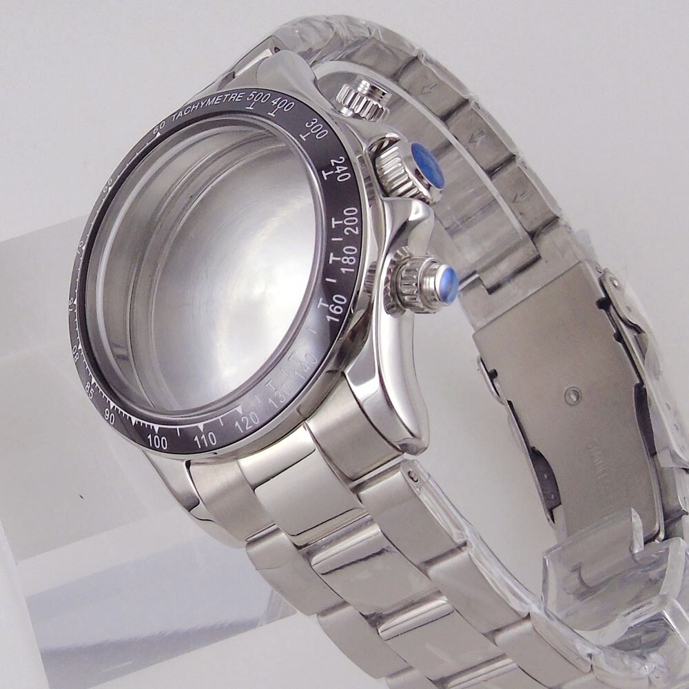 39mm Polished Mens Watch Case Bracelet Fit Quart VK64 VK63 Bow Sapphire Glass