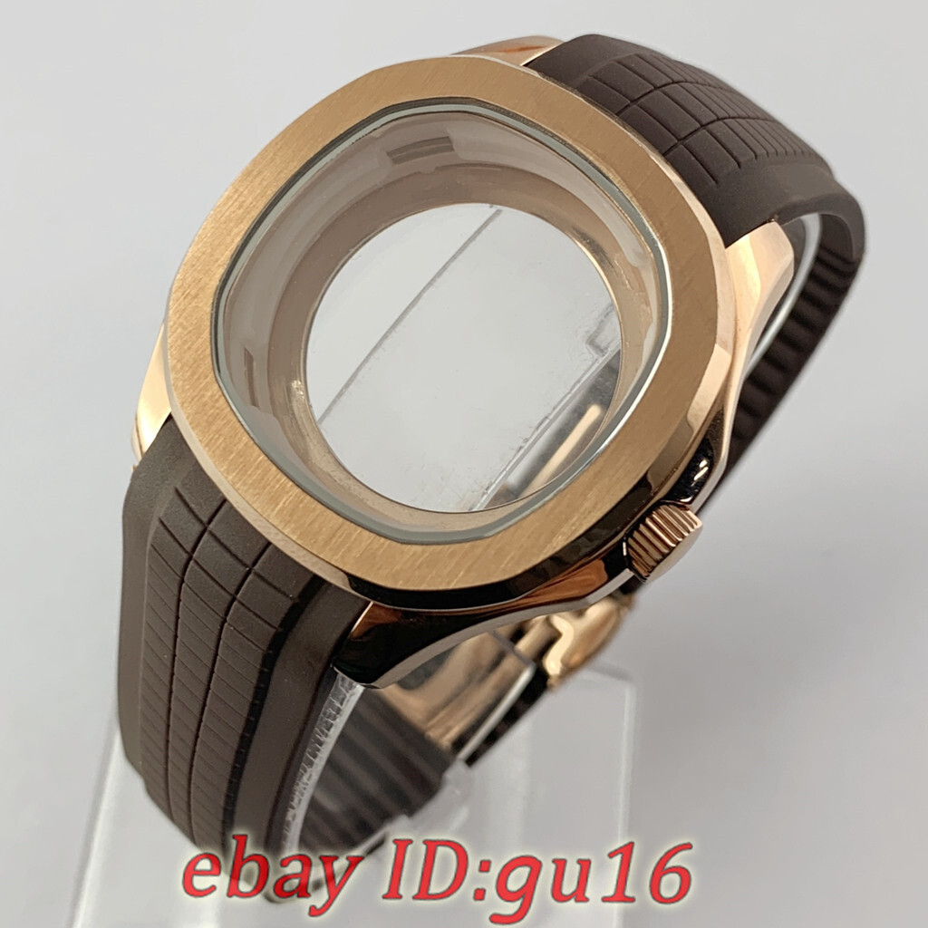 40mm Rose gold watch case brown black grey rubber strap fit NH35 NH36 PT5000