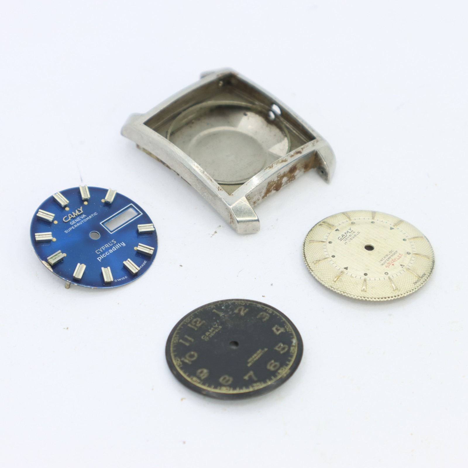 Assorted Vintage Camy Watch Steel Case & Three Dials Watch Parts Swiss Projects