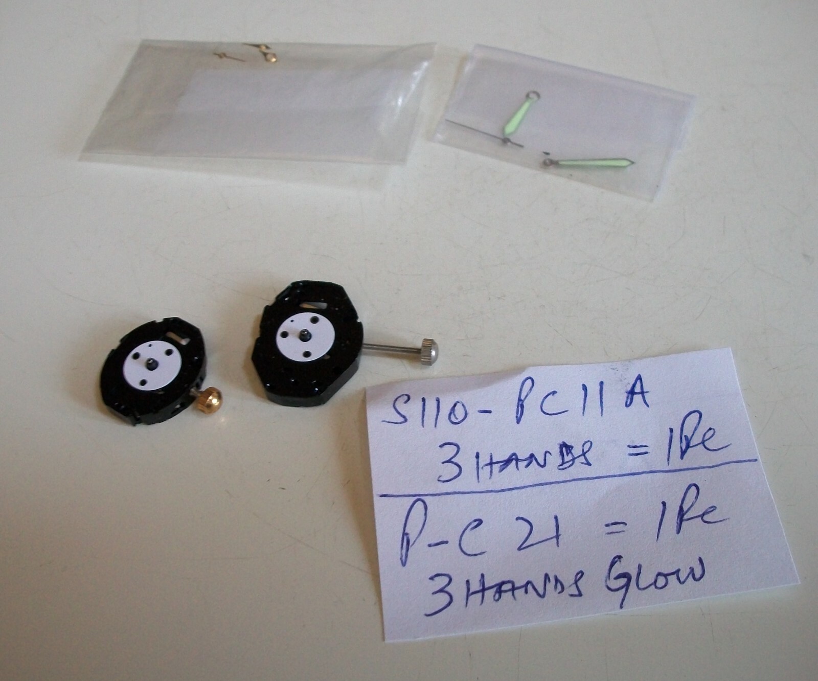 S110-PC11A & PC21 WATCH MOVEMENT WITH STEM AND 3 HANDS EACH (2 PCS)