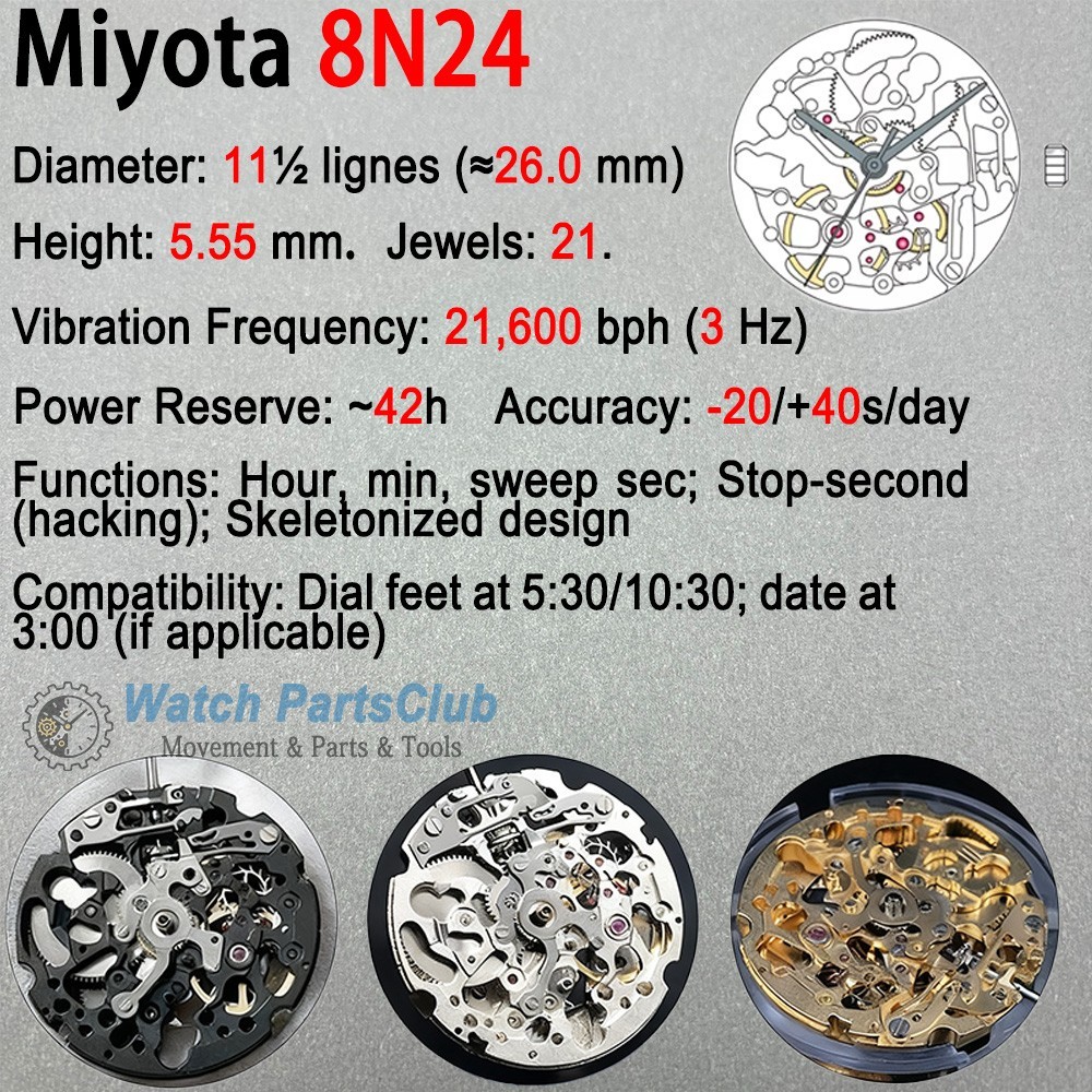 Japan Miyota 8N24 Automatic Movement Self-winding Skeleton Mechanism 21 Jewels