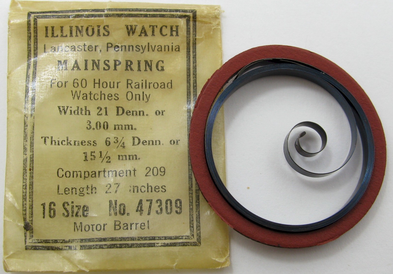 Illinois 16s 47309 T end Watch Mainspring brown alloy Motor Barrel 60 Hr. RR