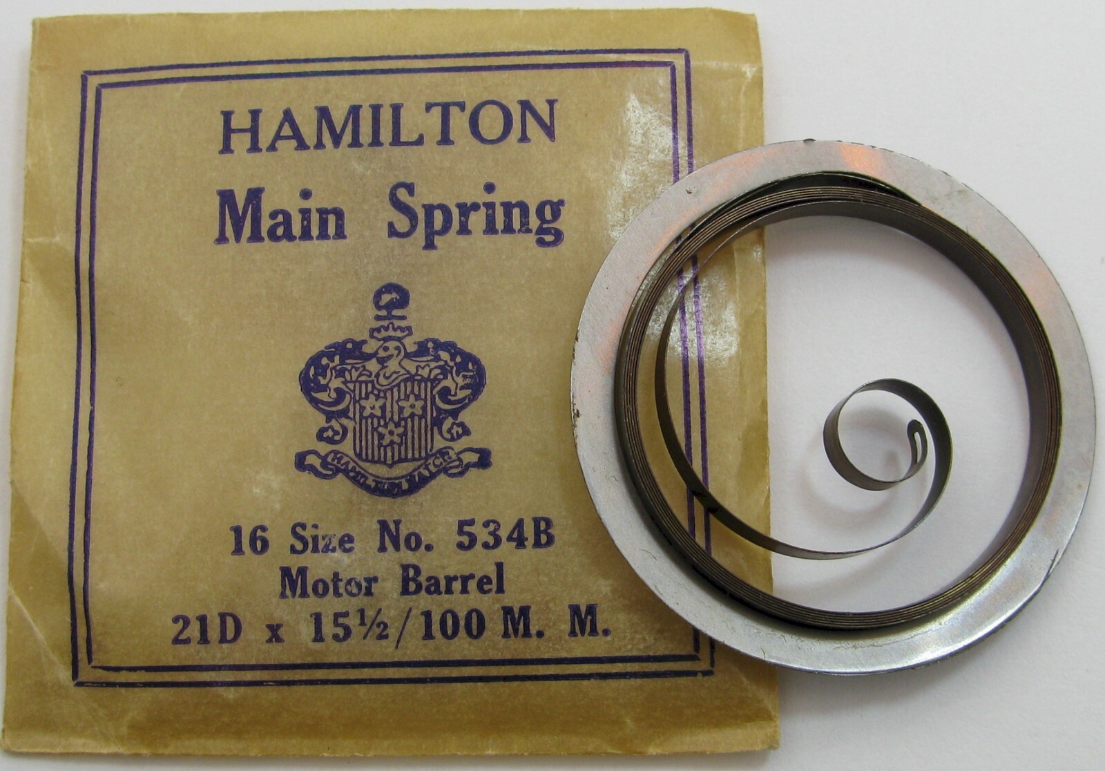 Hamilton 16s watch model 534B Motor Barrel Mainspring T end blue brown alloy