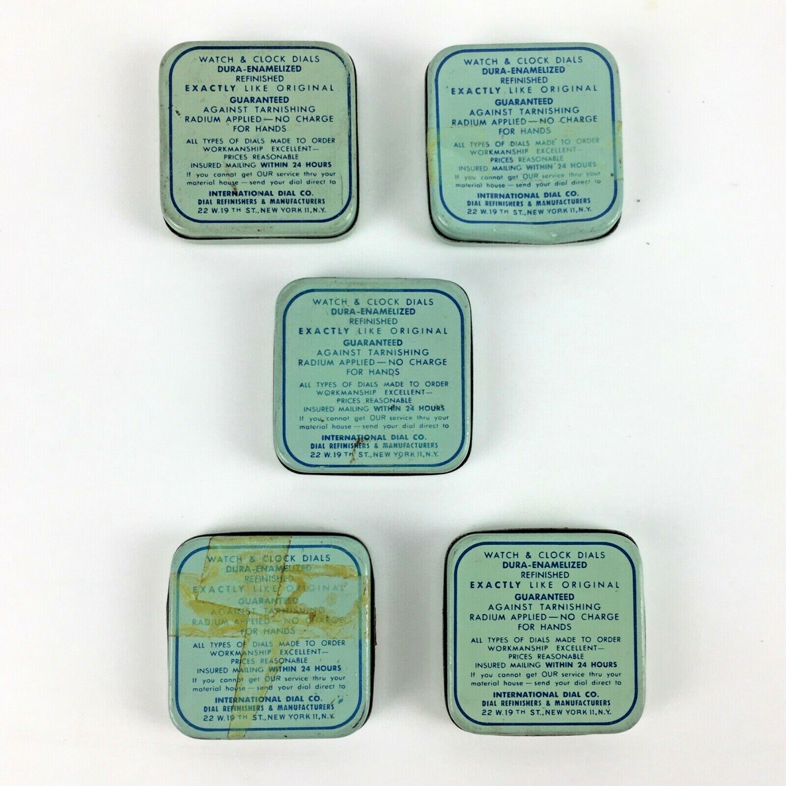 Lot 5 1941 INTERNATIONAL DIAL Watch Tins Dials Parts NY Square Vtg Advertising